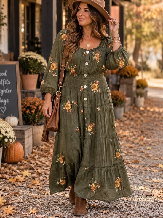 fig and flower Dresses & Skirts - Fig and Flower Olive Green Embroidered Flora Boho Prairie Maxi Dress L